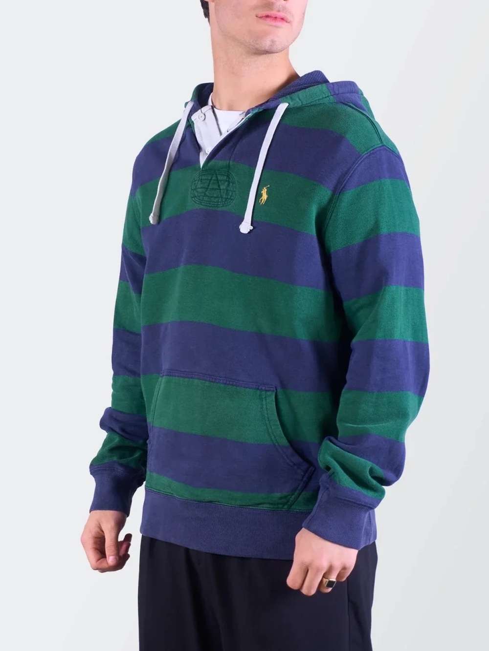 VTG Polo by Ralph Lauren Green & Navy Rugby Striped Hooded Pullover Shirt XXL